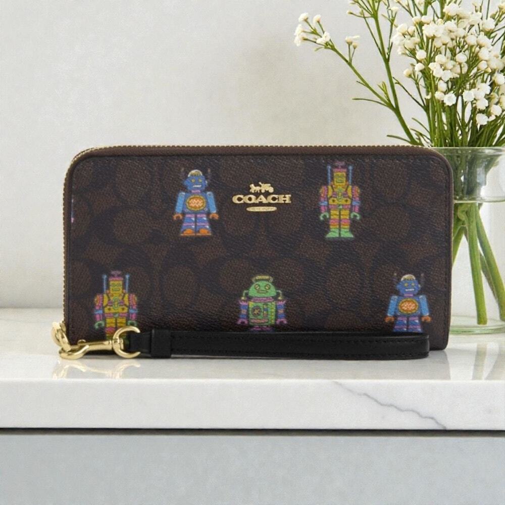 Cosmic Coach Long Zip Around Wallet In Signature Canvas With Robot Print CW484